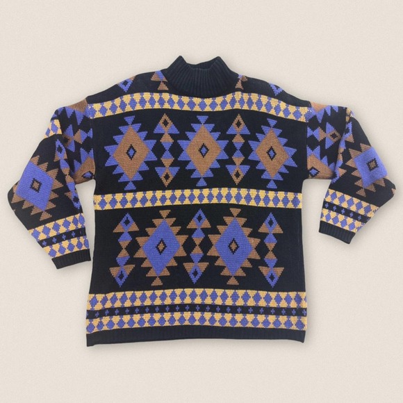 Vintage 80s Michael Carrie aztec funky Sweater Mock Neck Size Large - Picture 1 of 4